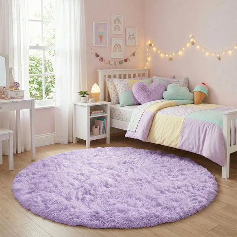 Amdrebio light purple circle rug fluffy shag creates a soft bedroom landing.