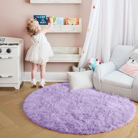 Amdrebio light purple circle rug lavender tone brightens living room ambiance.