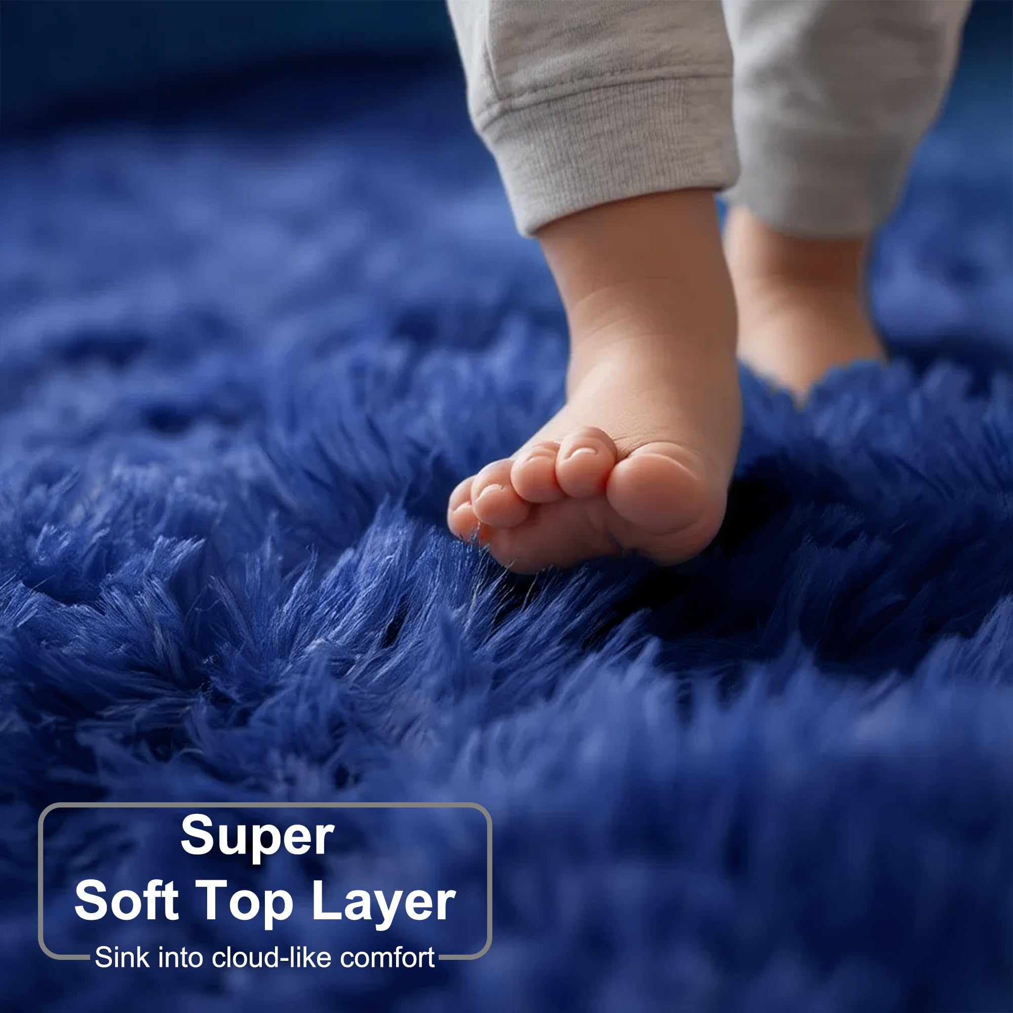 Amdrebio navy blue round rug suitable for nurseries and bedrooms.