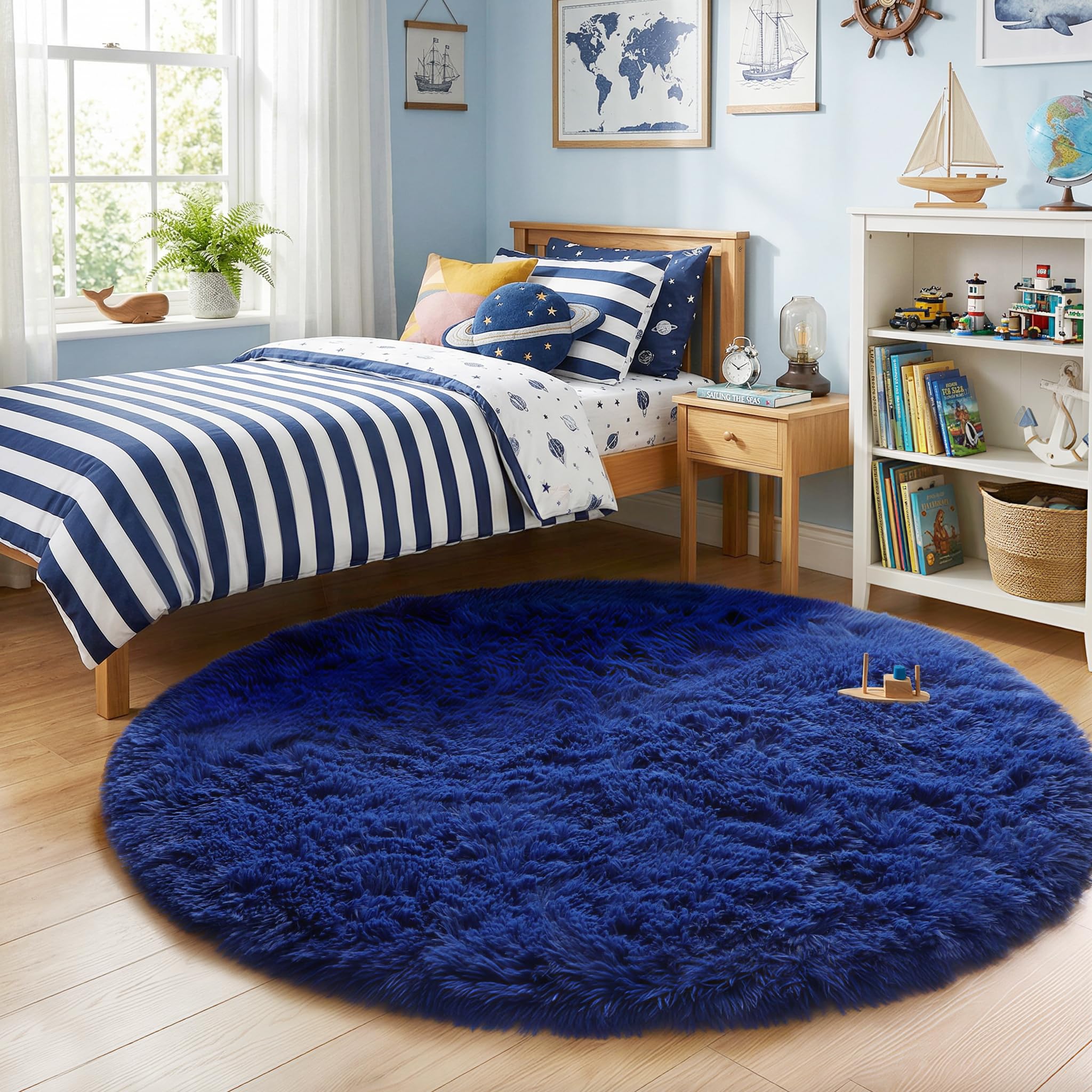 Amdrebio navy blue round rug ideal for kids' play areas.