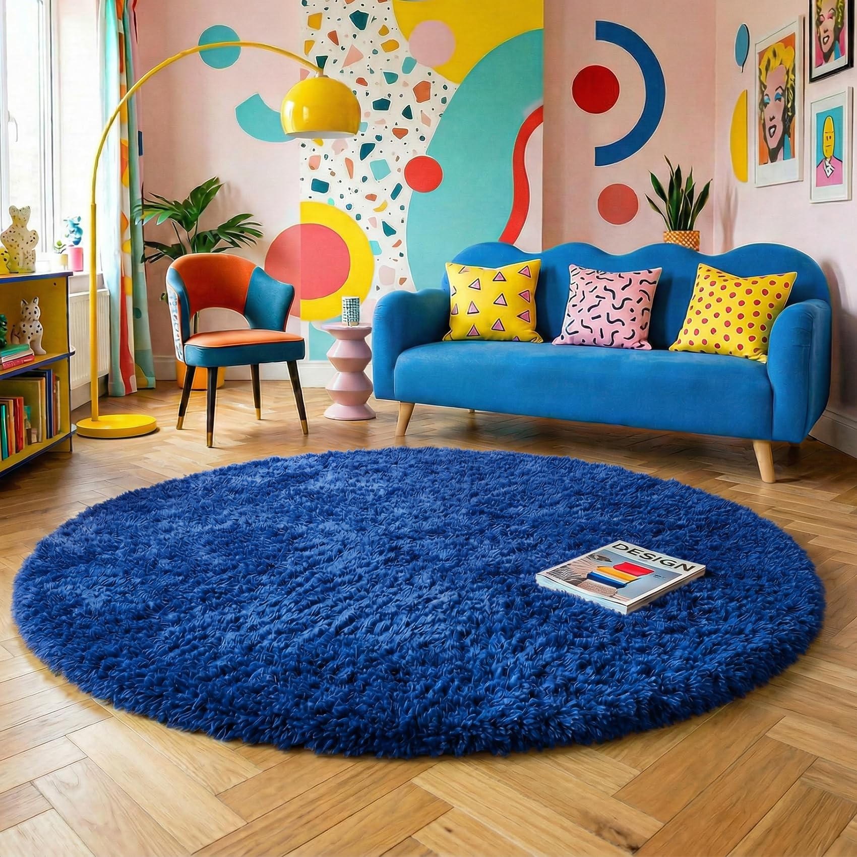 Amdrebio navy blue round rug enhances living room decor with cozy texture.