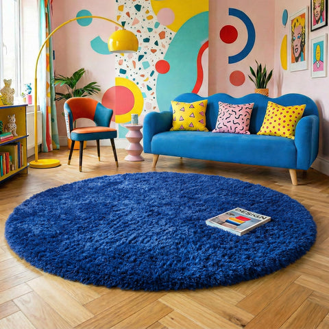 Amdrebio navy blue round rug enhances living room decor with cozy texture.