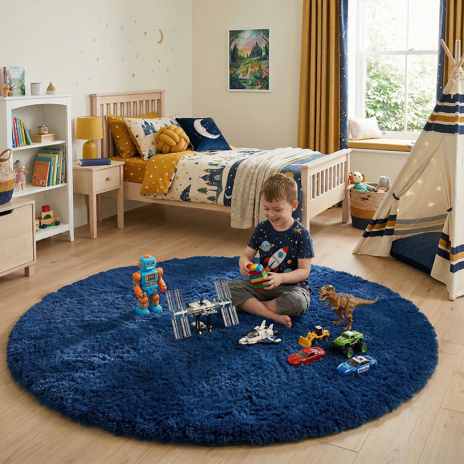 Amdrebio navy blue round rug featuring soft fibers for quick comfort.