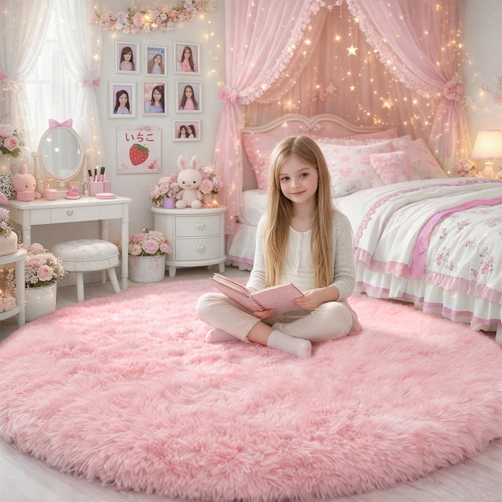Amdrebio pink fluffy round rug 5ft with ultra-soft surface for cozy playtime