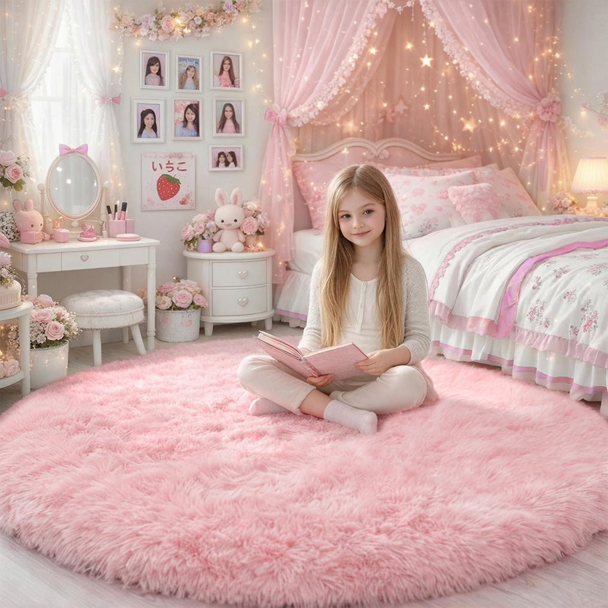Amdrebio pink fluffy round rug 5ft with ultra-soft surface for cozy playtime