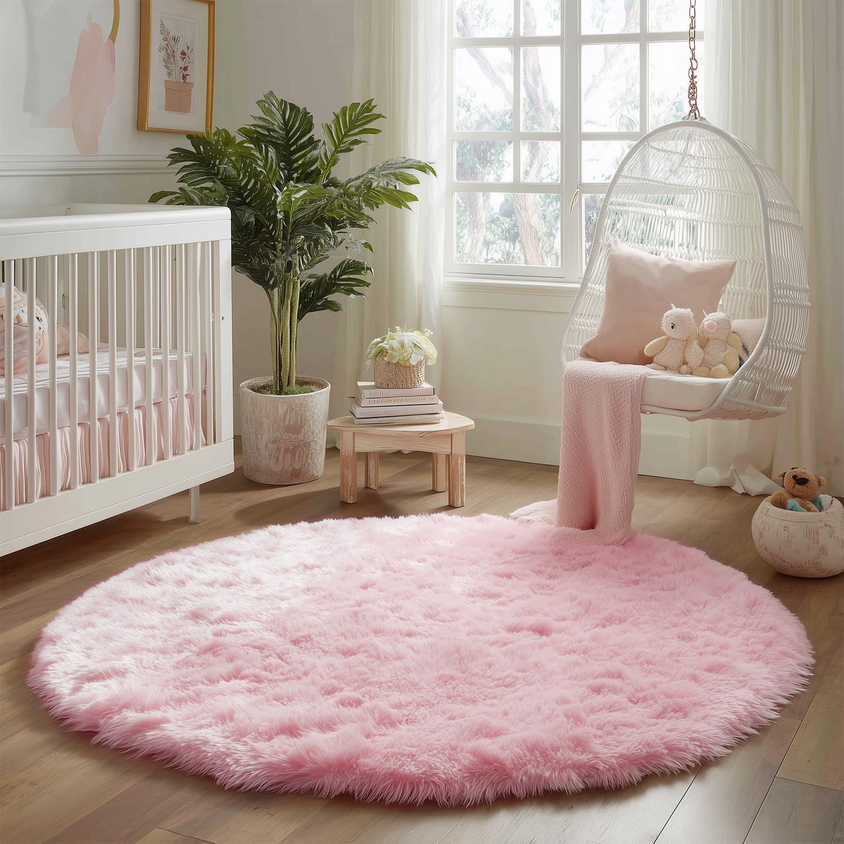 Amdrebio pink fluffy round rug easy-clean vacuum or wipe for quick refresh