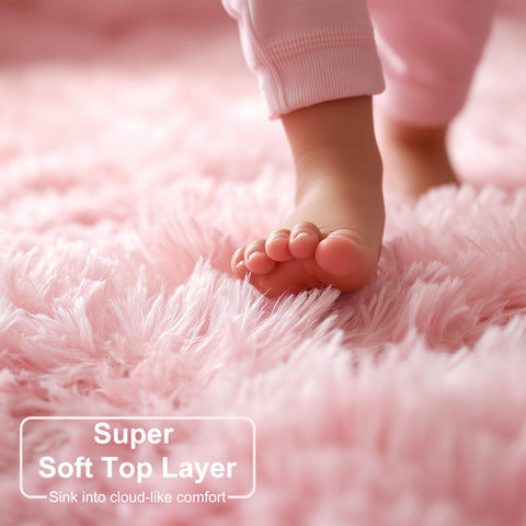 Amdrebio pink fluffy round rug in kid room with bright color boosts a fun learning zone