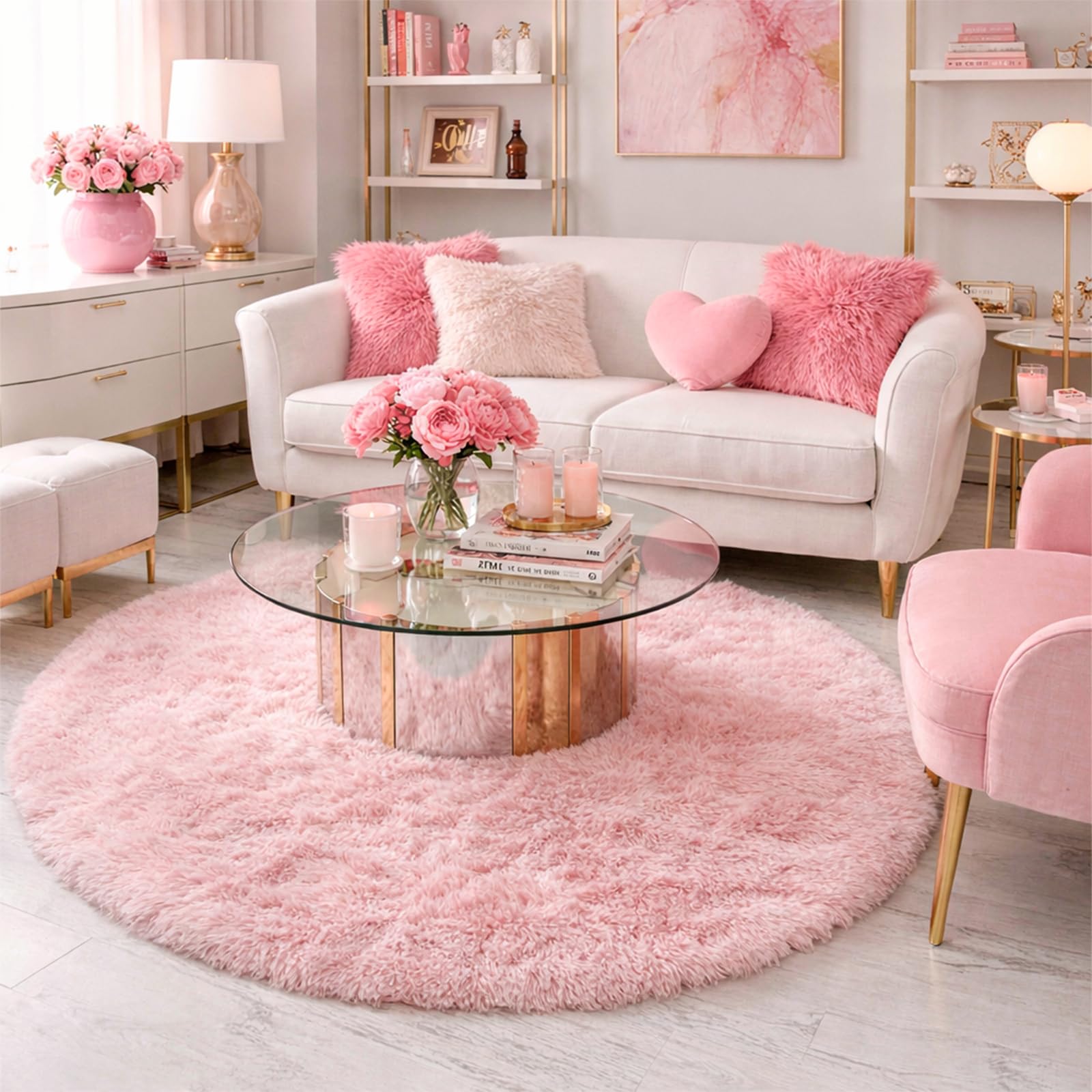 Amdrebio pink fluffy round rug living room setup soft texture adds comfort to family spaces