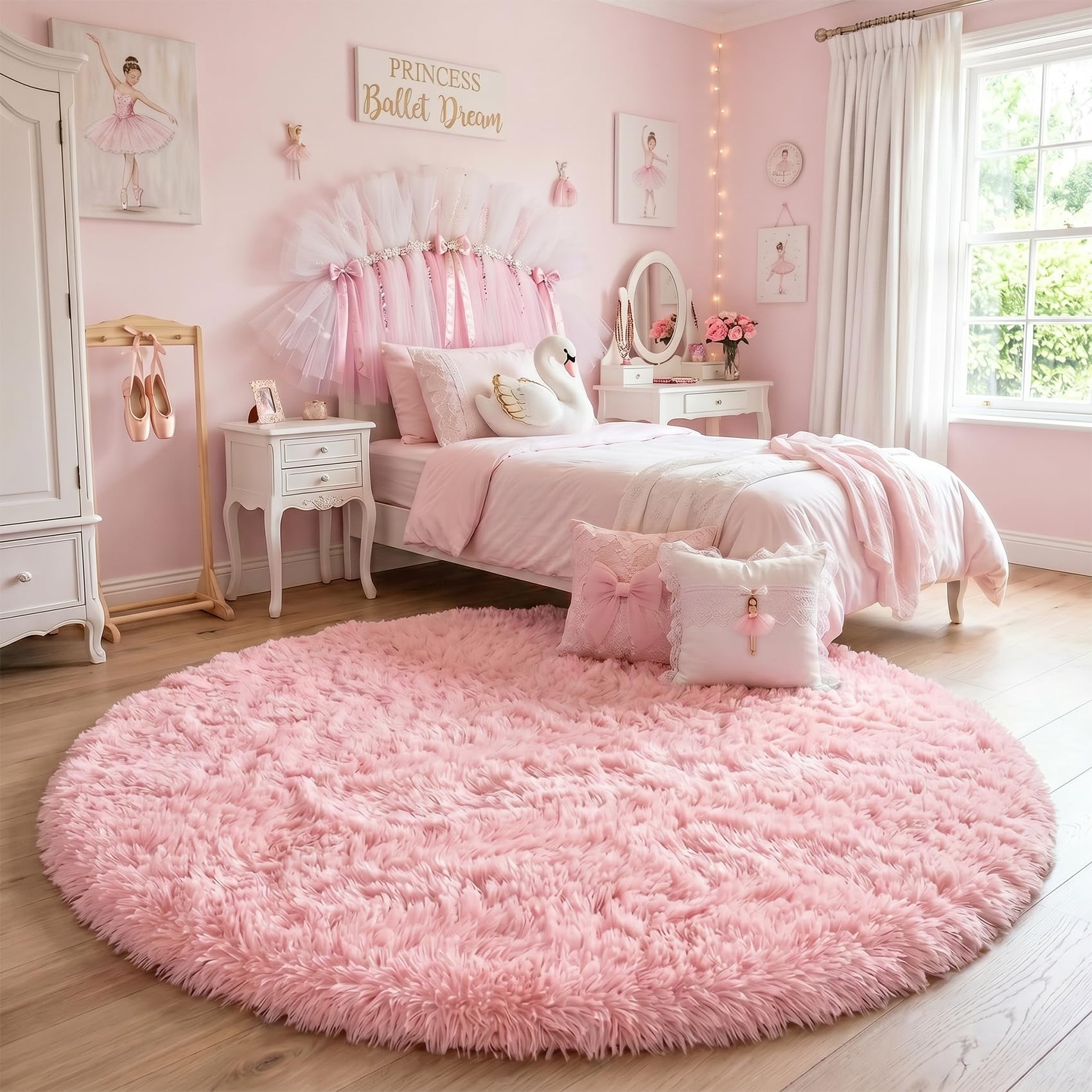 Amdrebio pink fluffy round rug non-slip backing helps keep the rug in place