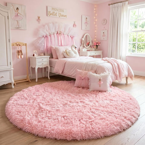 Amdrebio pink fluffy round rug non-slip backing helps keep the rug in place