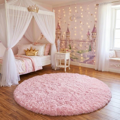 Amdrebio pink fluffy round rug warm living space makes playtime comfy and inviting