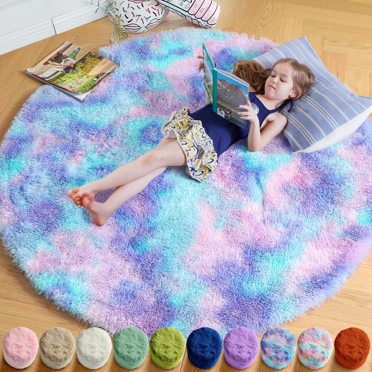Amdrebio purple rainbow round rug 4ft in bedroom with plush softness for cozy floors