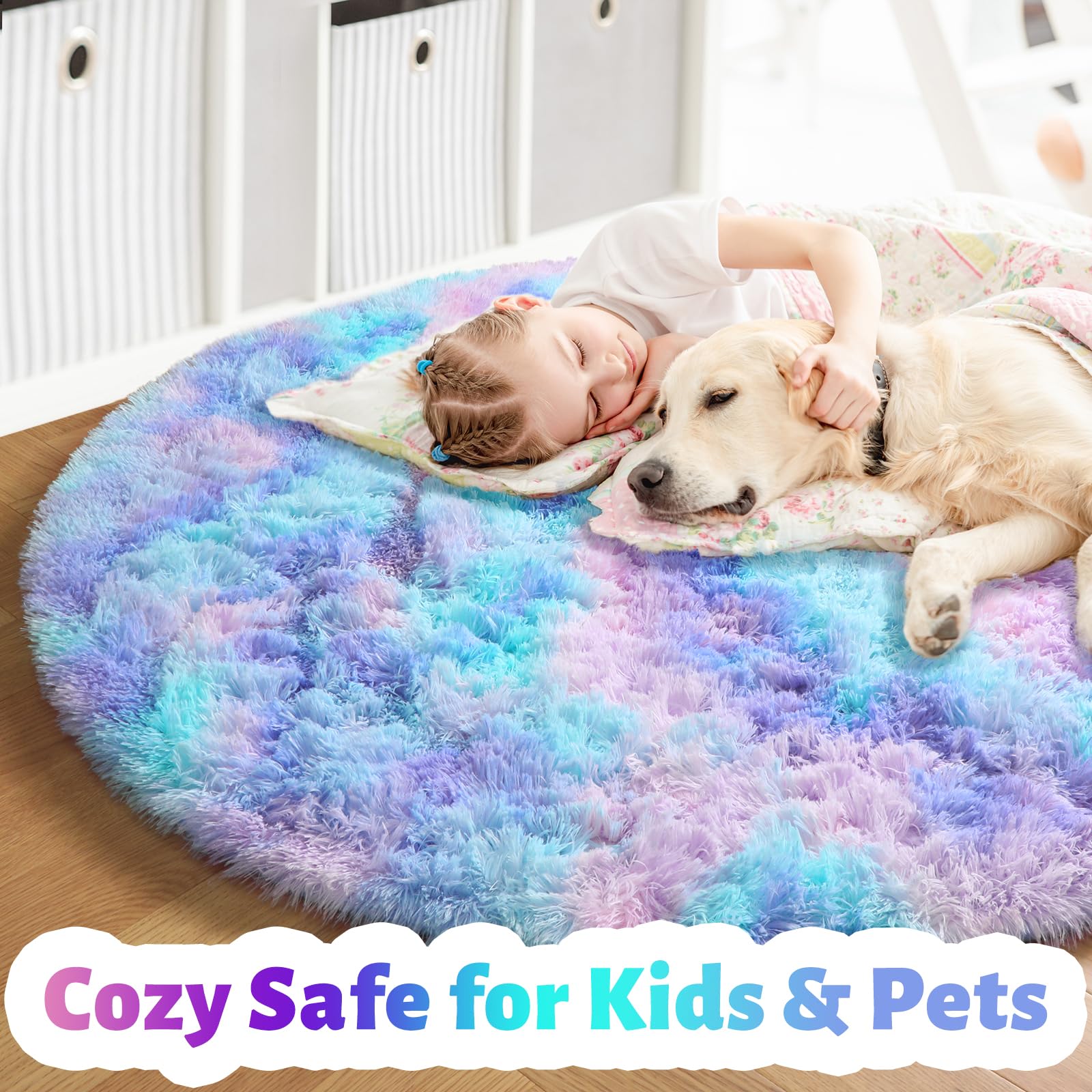 Amdrebio rainbow round rug in playroom showing vibrant colors and playful vibe