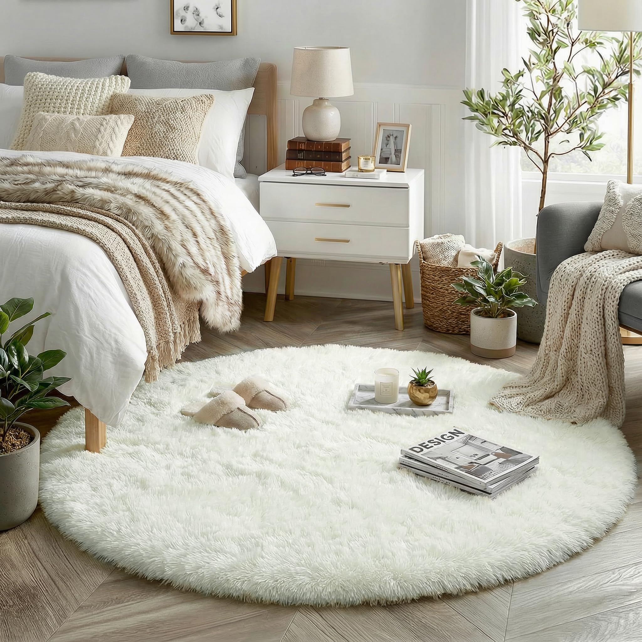 Amdrebio fluffy circular rug adds soft decor to living spaces.