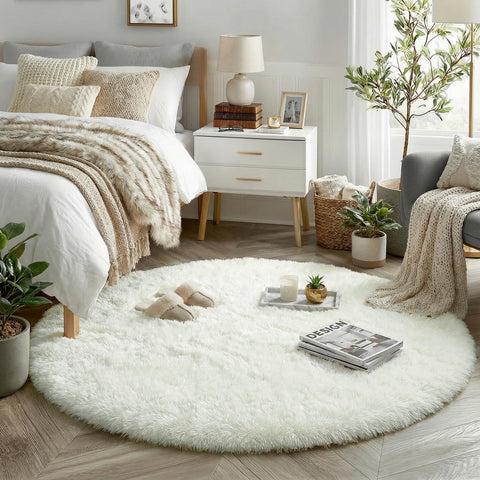 Amdrebio fluffy circular rug adds soft decor to living spaces.