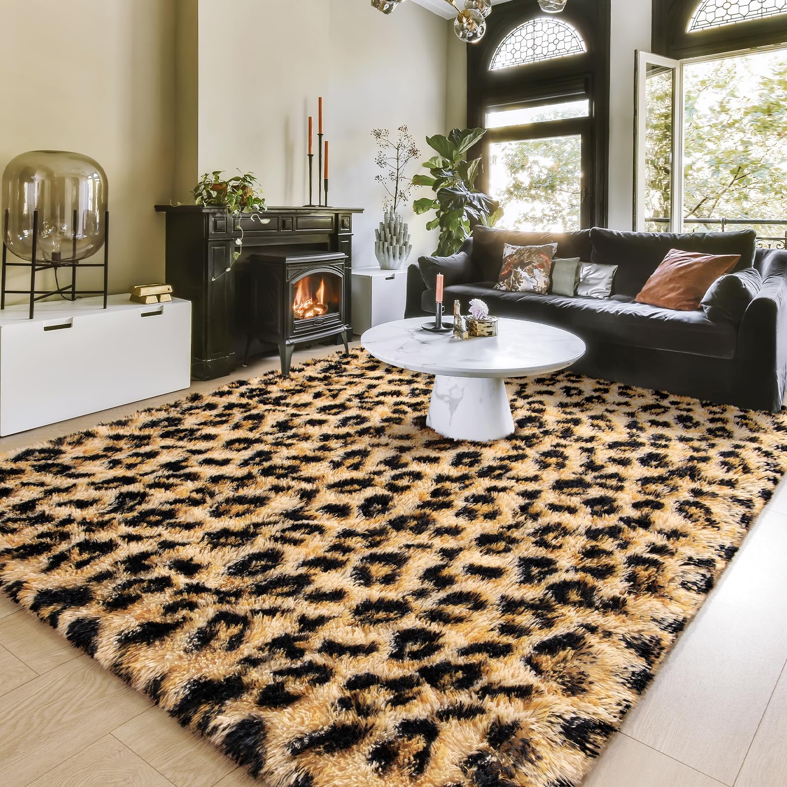 Amearea Fluffy Leopard Rug with non-slip bottom prevents sliding.