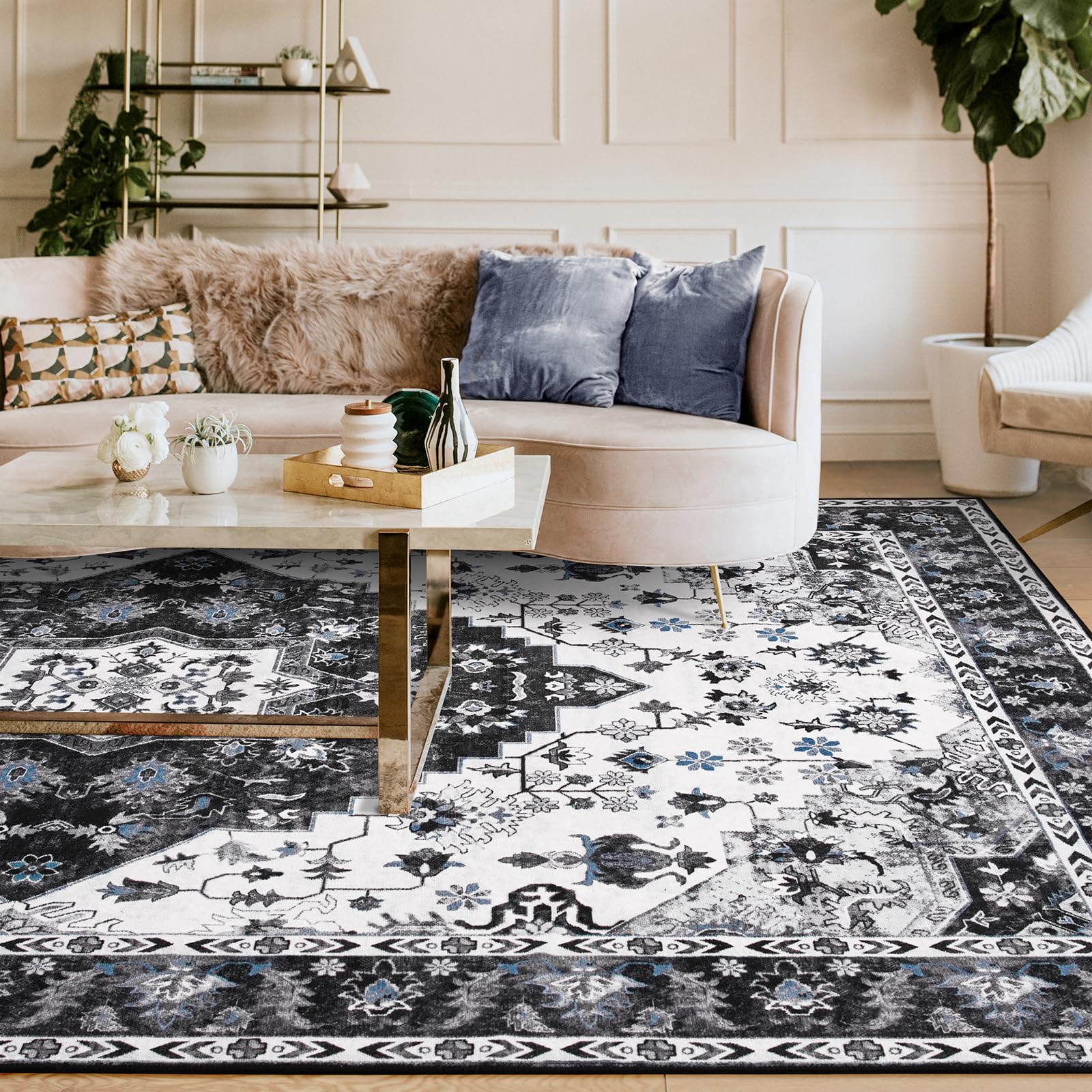 Amearea living room setup with vintage rug complements contemporary decor