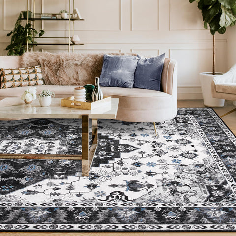 Amearea living room setup with vintage rug complements contemporary decor