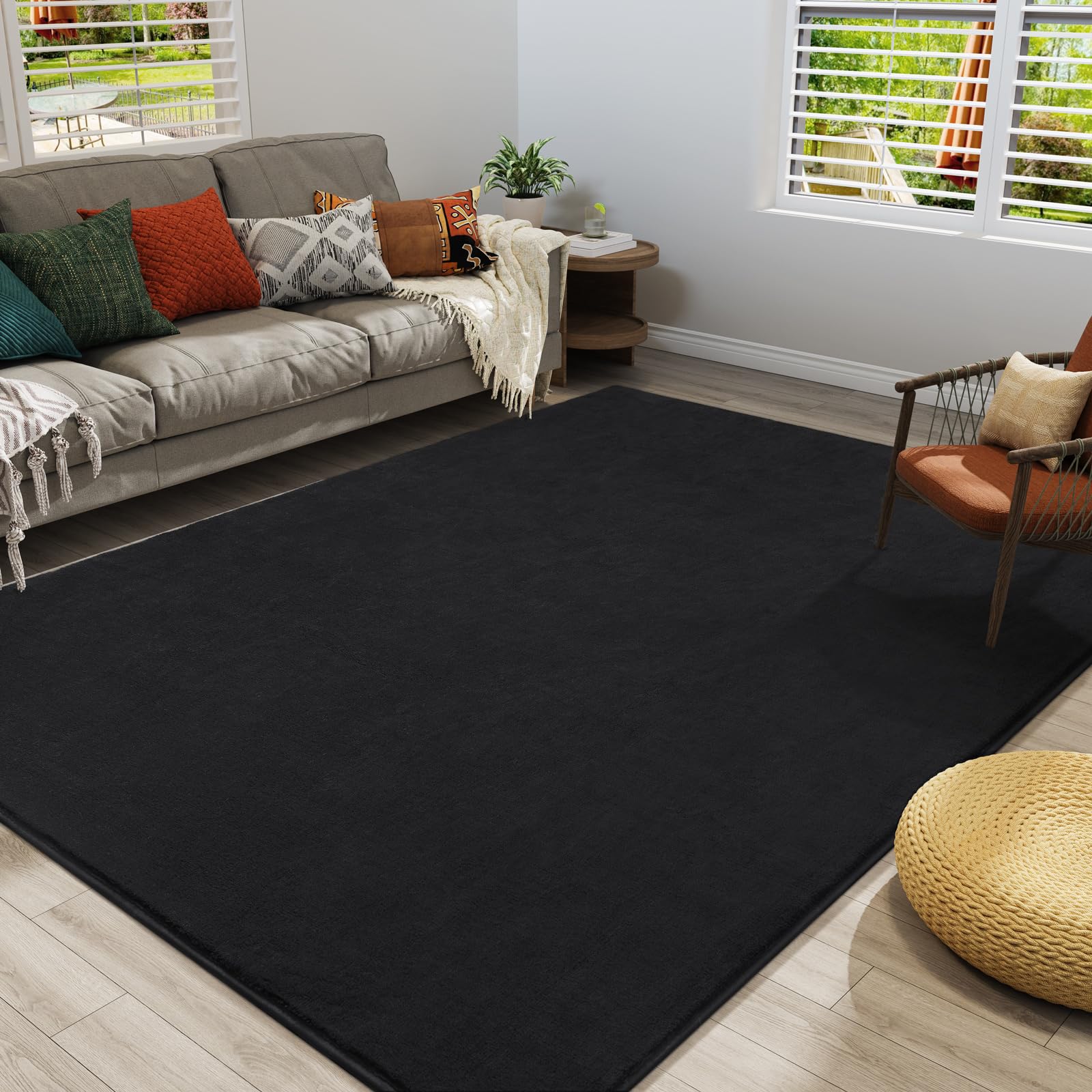 Amearea minimalist black area rug complements modern interior design.