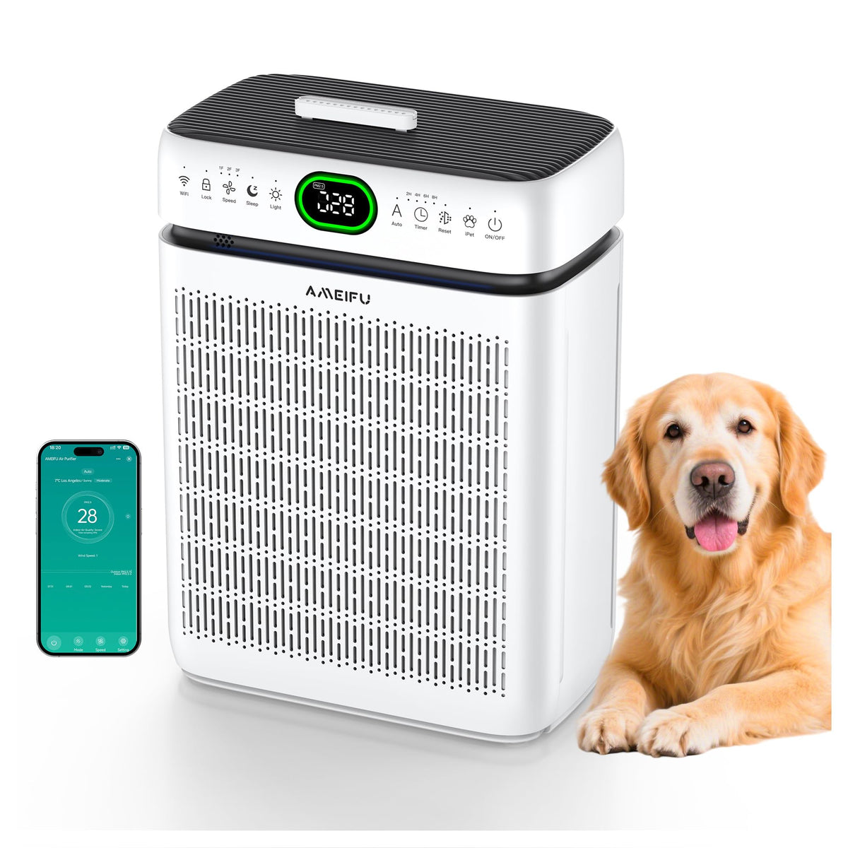 AMEIFU air purifier large-room PM2.5 display shows real-time air quality