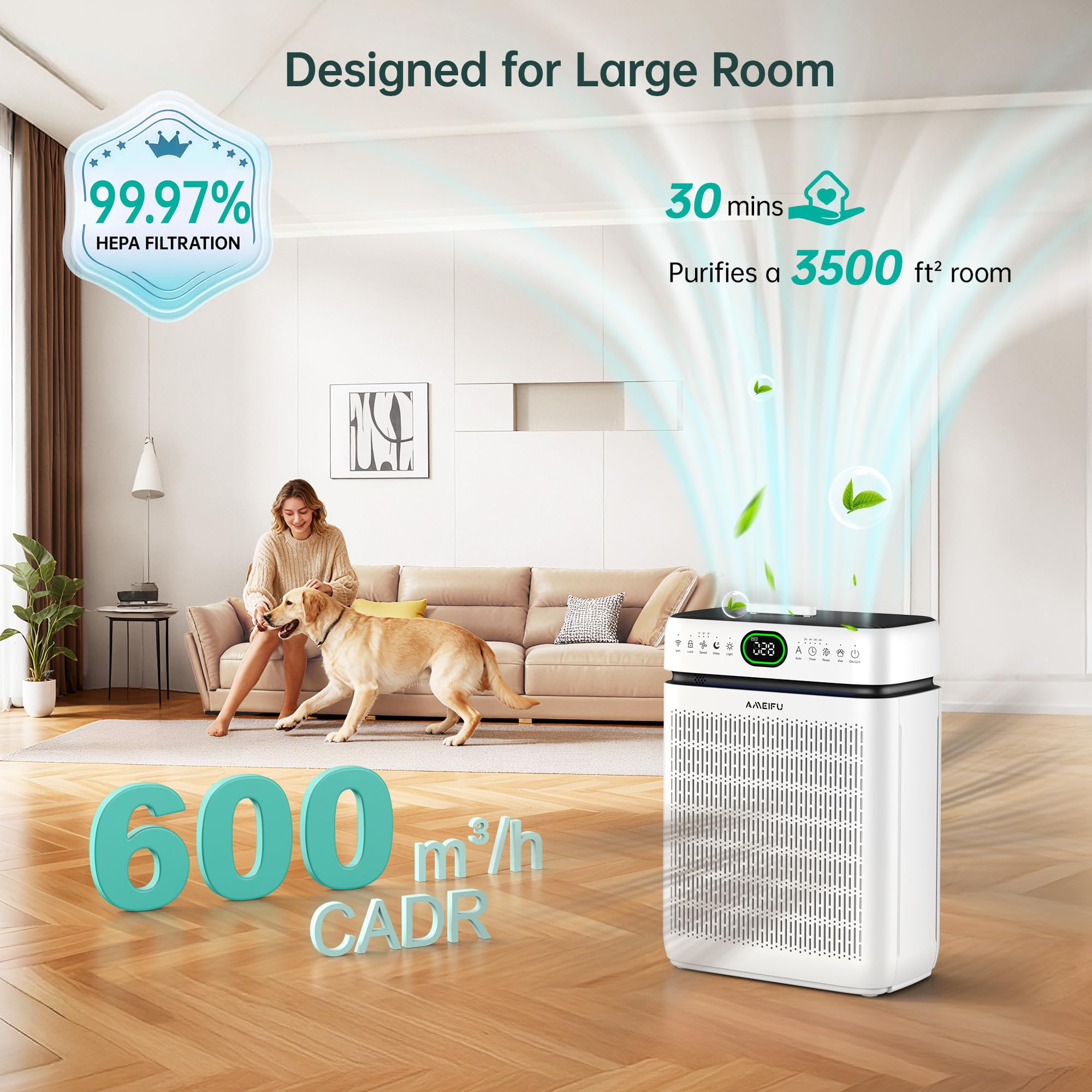 AMEIFU air purifier Pet Mode targets hair and odors for a fresher space