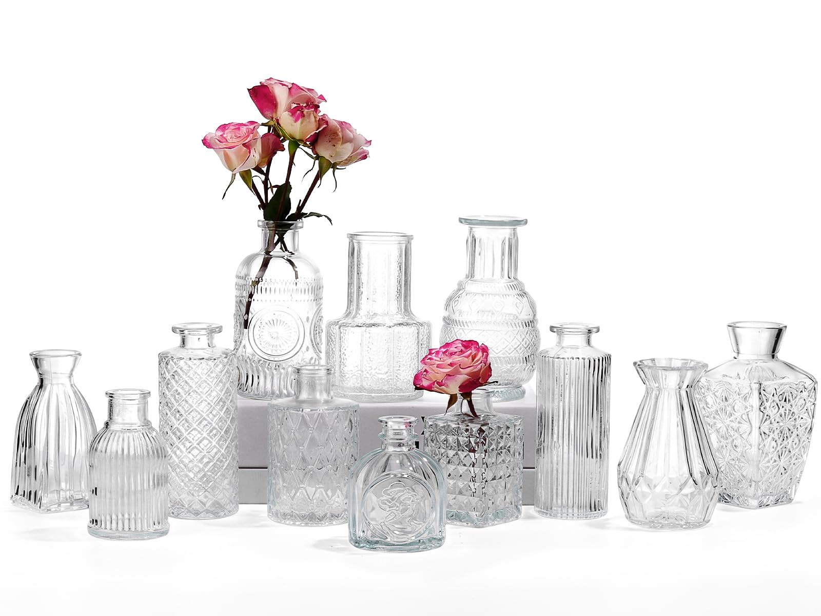 AmeLeis 12-piece glass bud vase set for elegant wedding centerpieces.