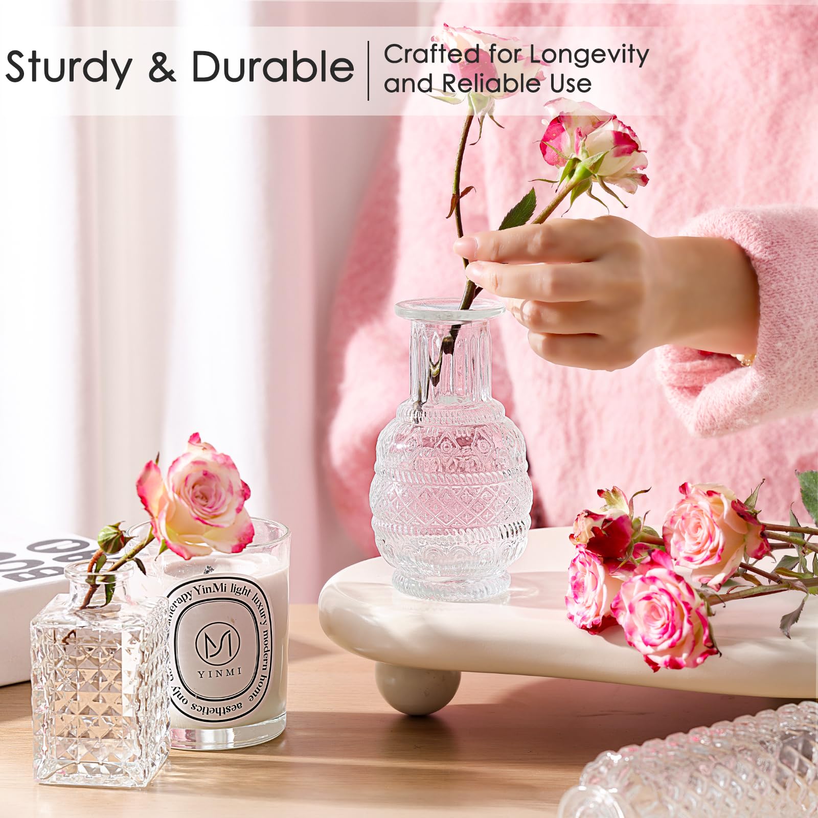 AmeLeis thick durable glass bud vases suitable for repeated use.