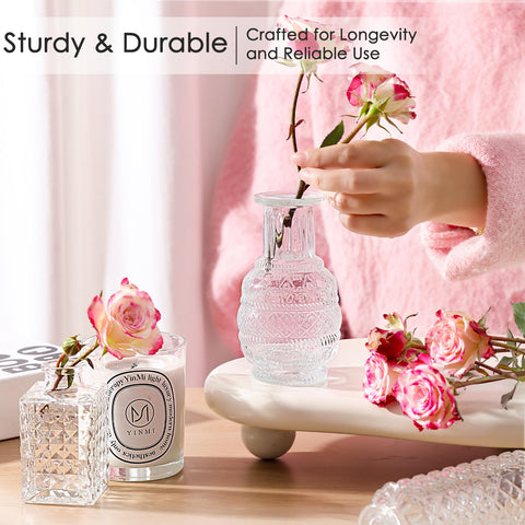 AmeLeis thick durable glass bud vases suitable for repeated use.