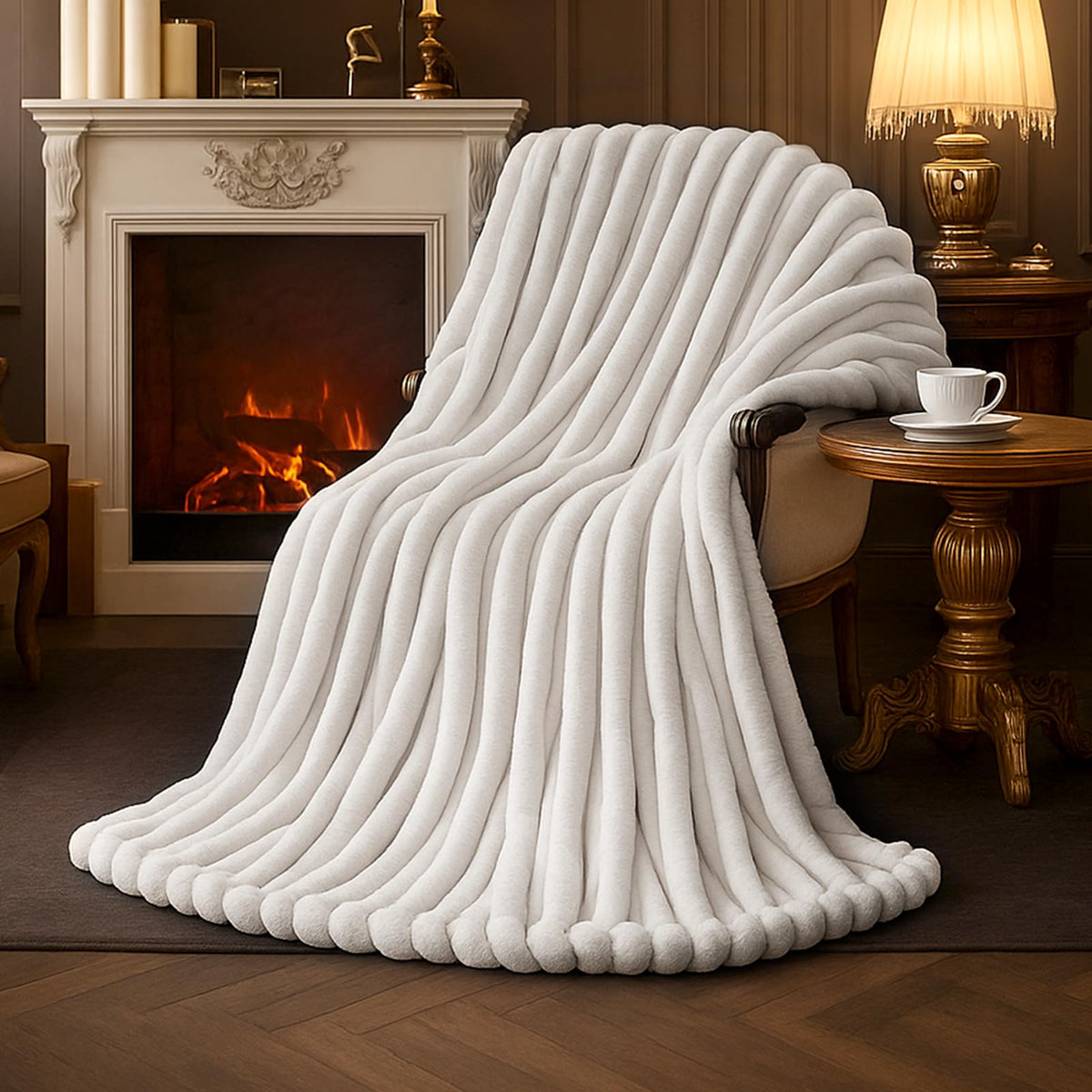 Amélie Home faux fur throw blanket on ivory couch for cozy evenings.
