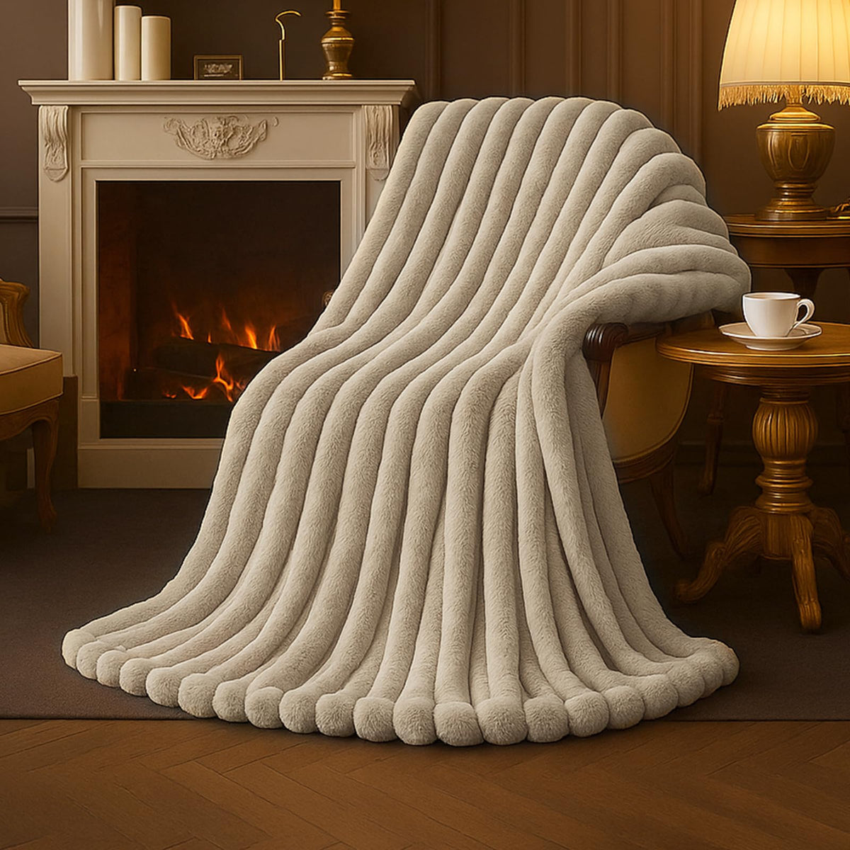 Amélie Home faux fur throw on sofa for cozy lounging.