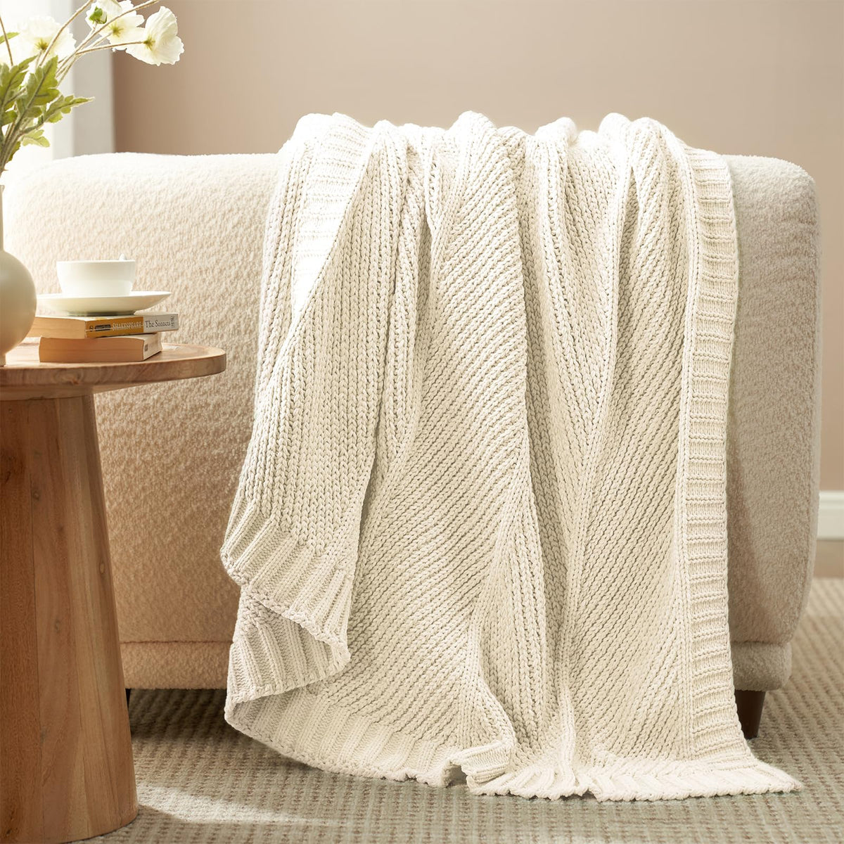 Amélie Home knit throw blanket soft-chenille-ivory provides cloud-like comfort for any sofa.