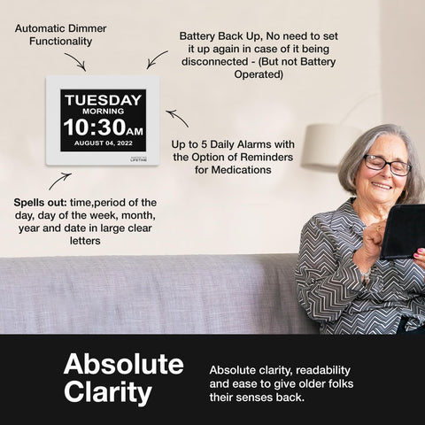 American Lifetime dementia clock showing customizable alarms for reminders.