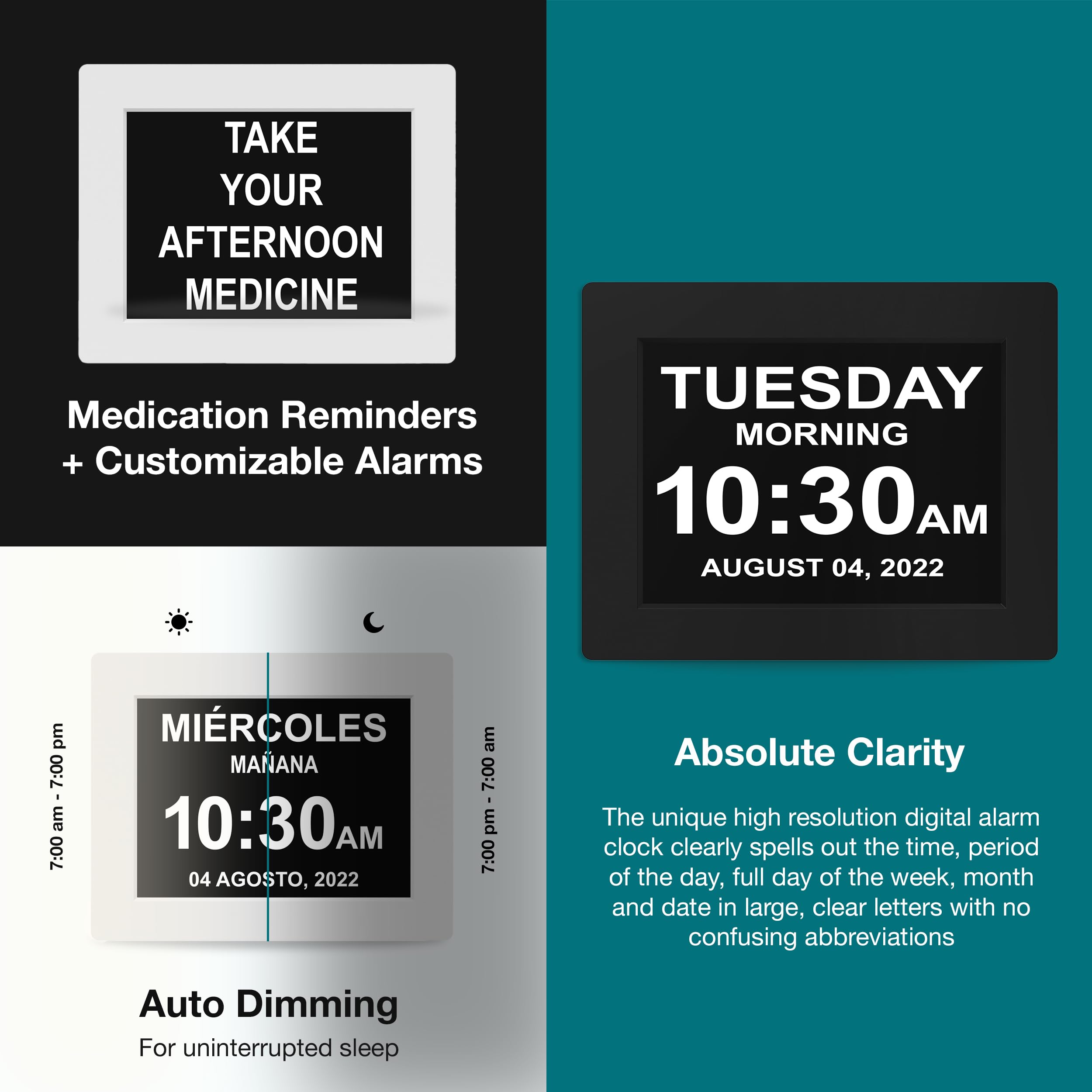 American Lifetime dementia clock auto-dims to match room lighting.