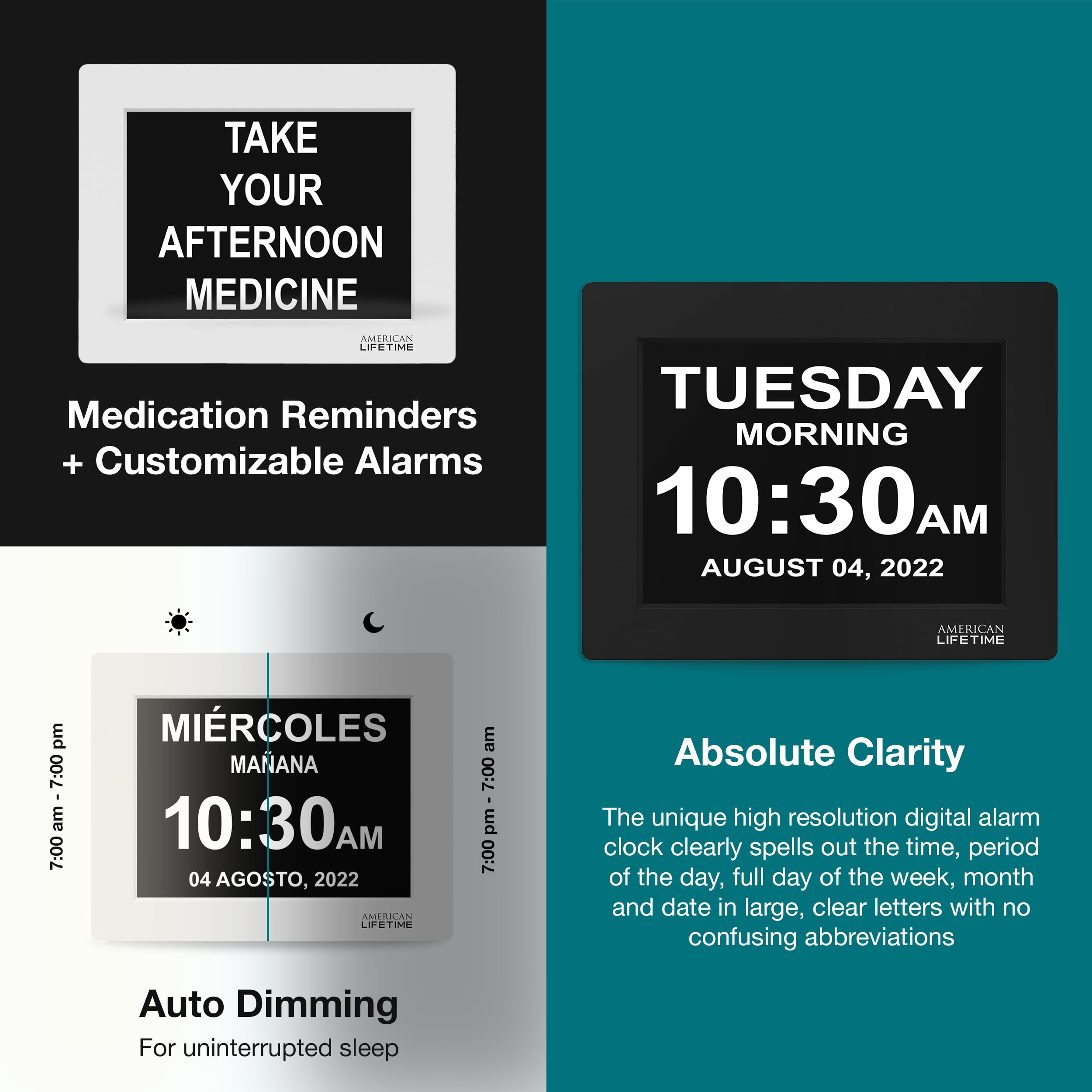 American Lifetime dementia clock with backup power for uninterrupted time display.