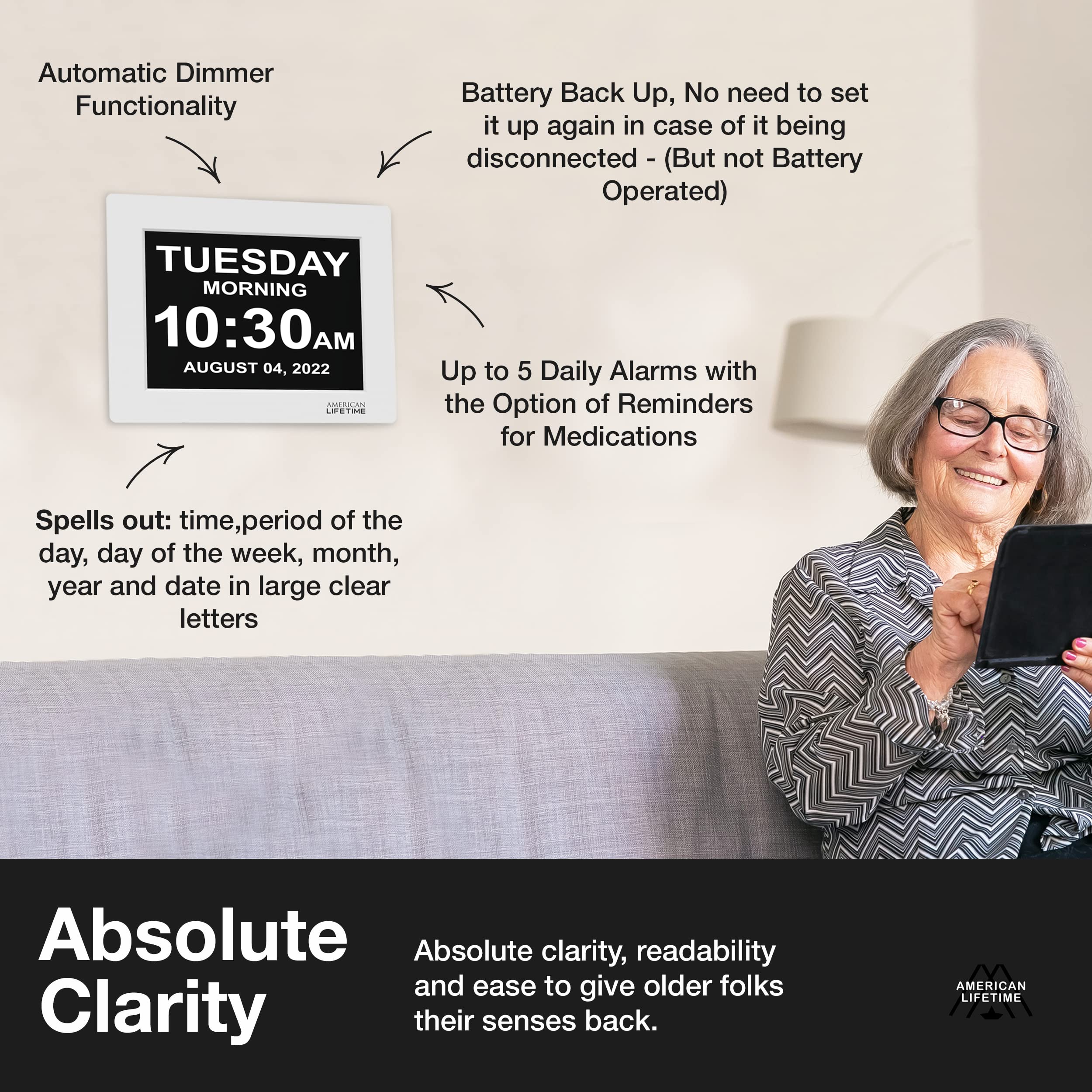 American Lifetime dementia clock with backup power for time continuity