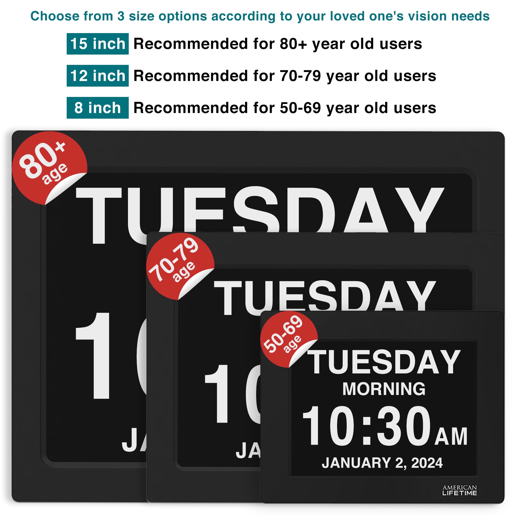 American Lifetime dementia clock showing custom alarms for reminders throughout the day.