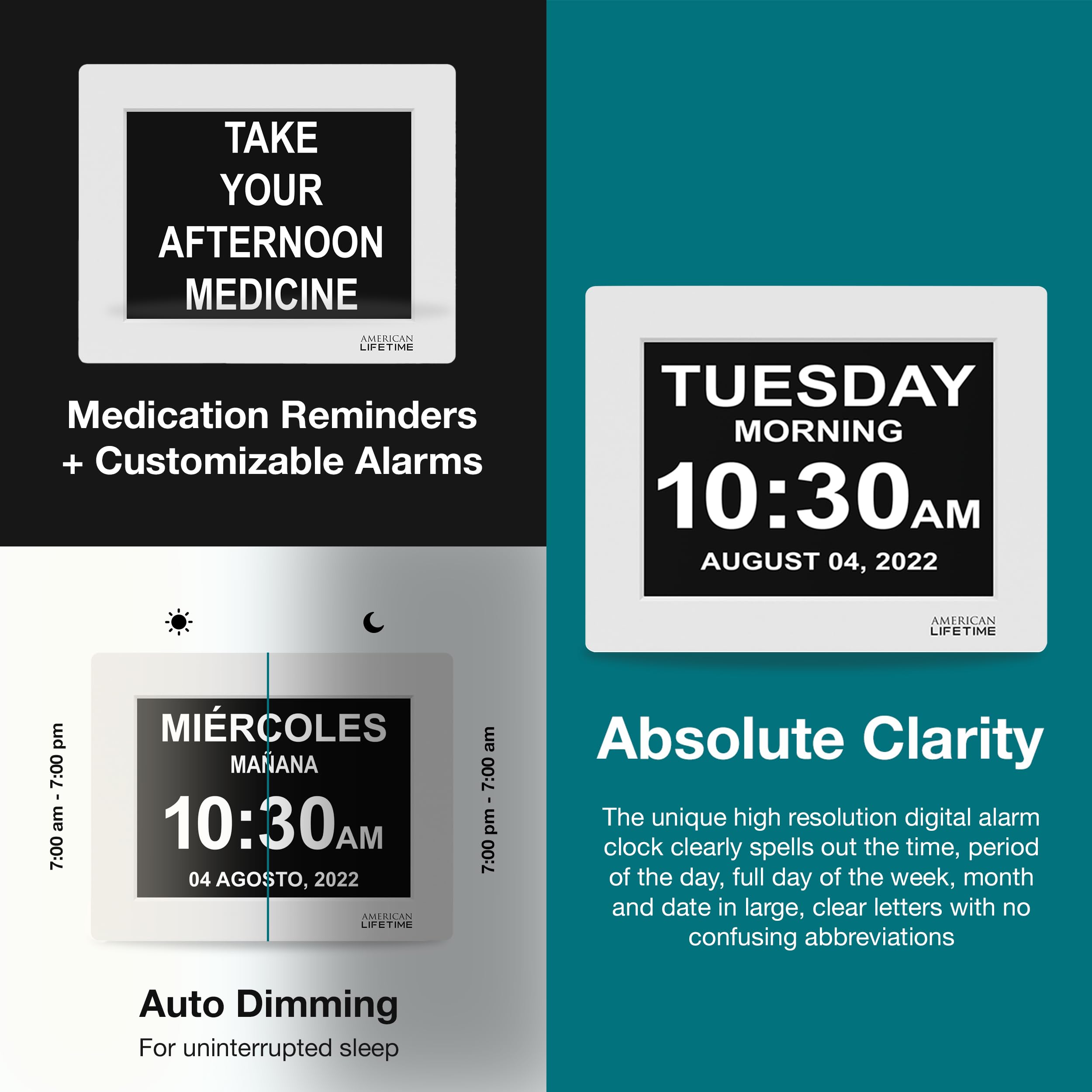American Lifetime dementia clock day and date view aiding daily planning.