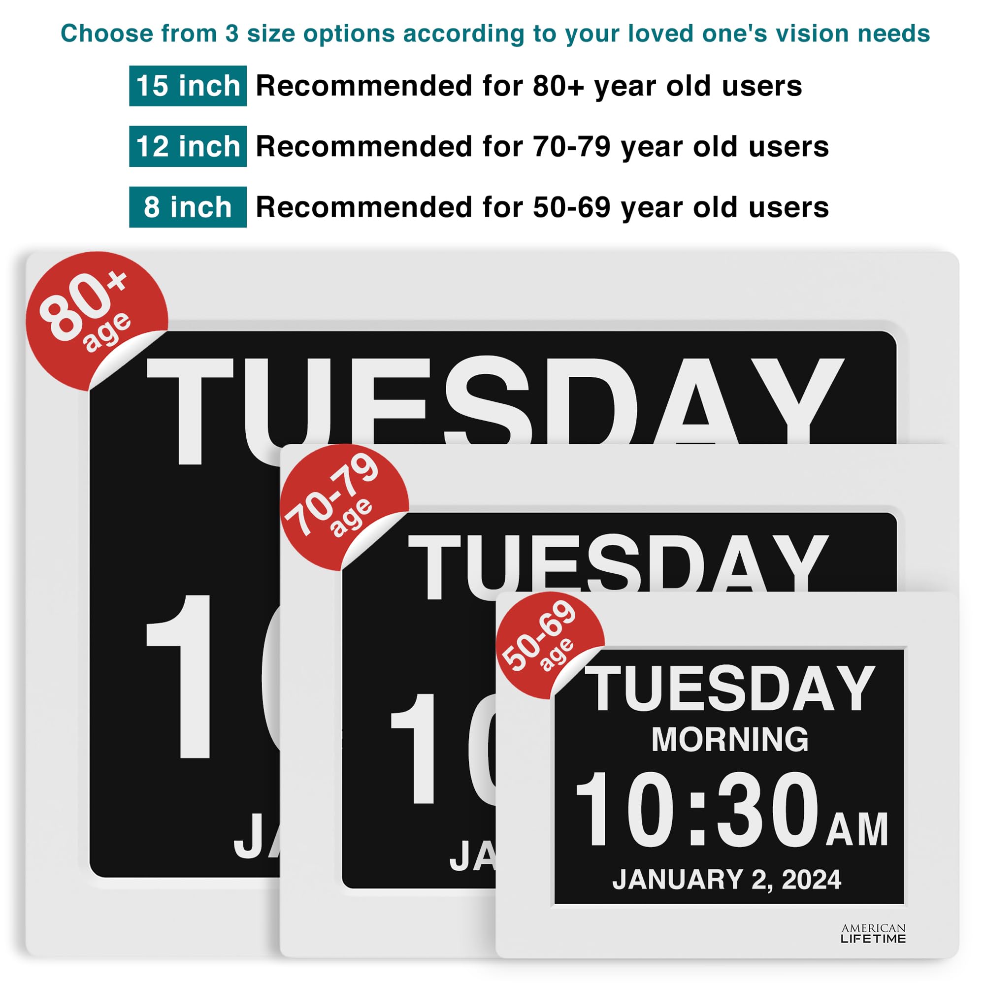 American Lifetime dementia clock large display highlighting time and date for seniors.