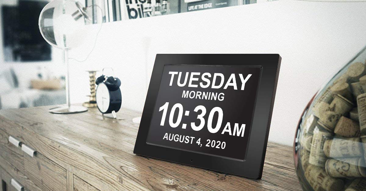 American Lifetime dementia clock side controls showing simple alarm setup features