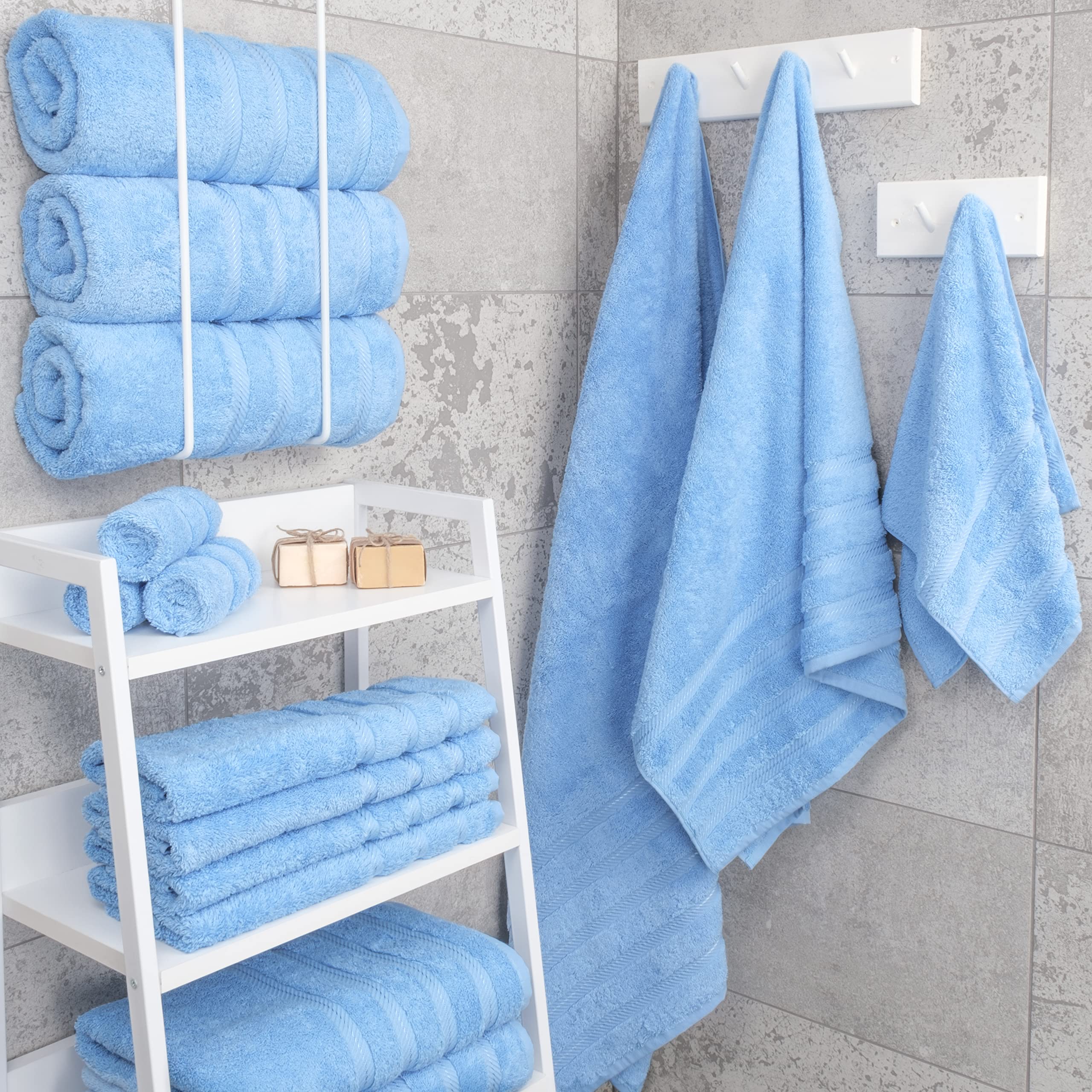 American Soft Linen 27x54 inch towels folded, ideal for guest baths.