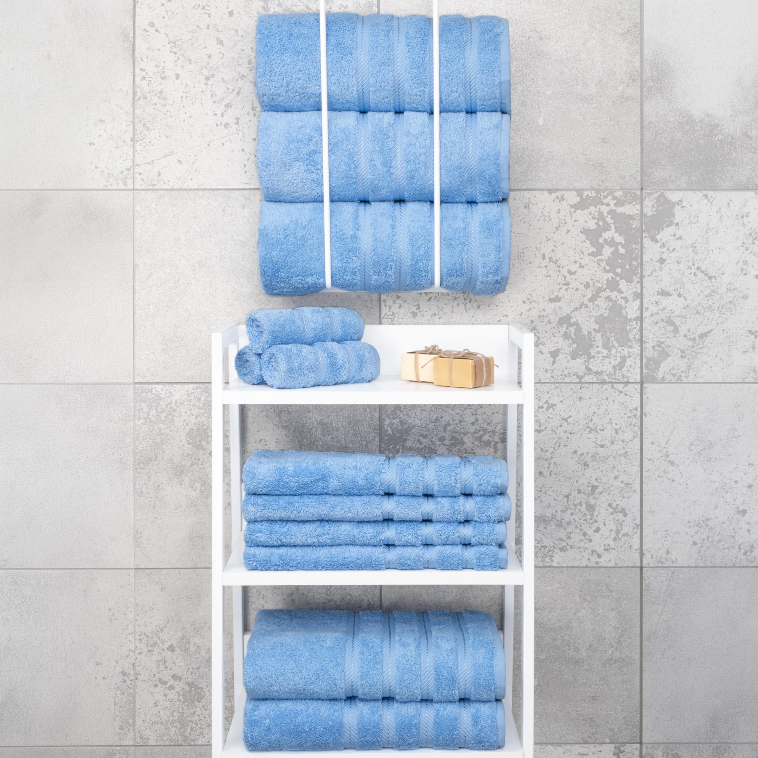 American Soft Linen absorbent towels ready for quick drying after shower.