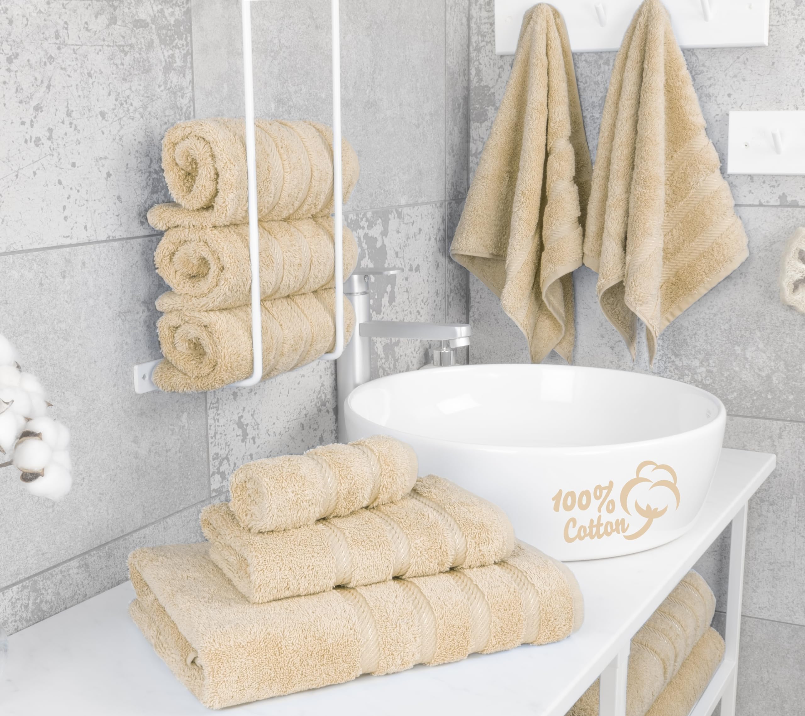 American Soft Linen bath towels 27x54 inches laid out on a rack for full coverage.