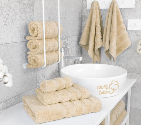 American Soft Linen bath towels 27x54 inches laid out on a rack for full coverage.