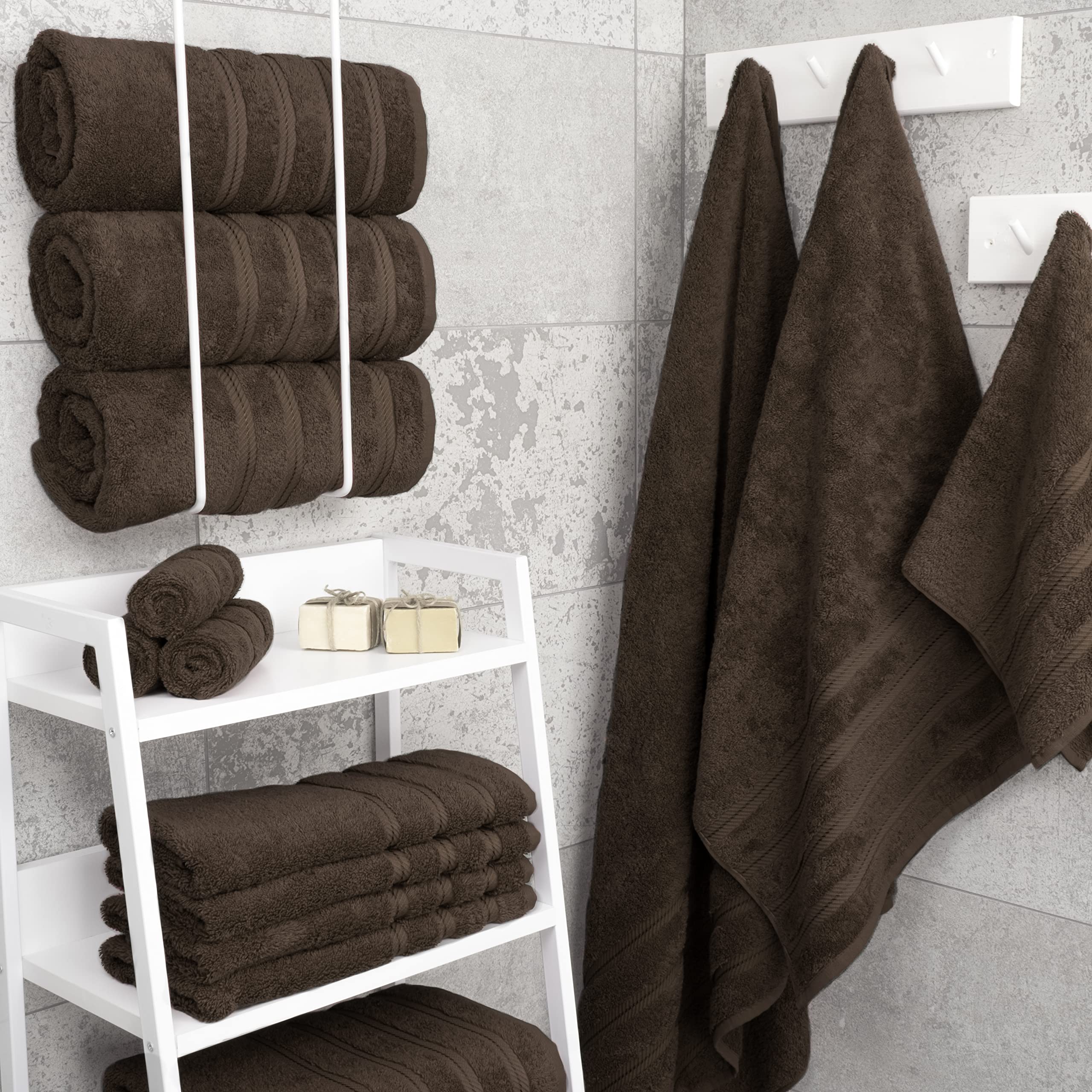 American Soft Linen brown towels pack shot highlighting generous 27x54 inch size