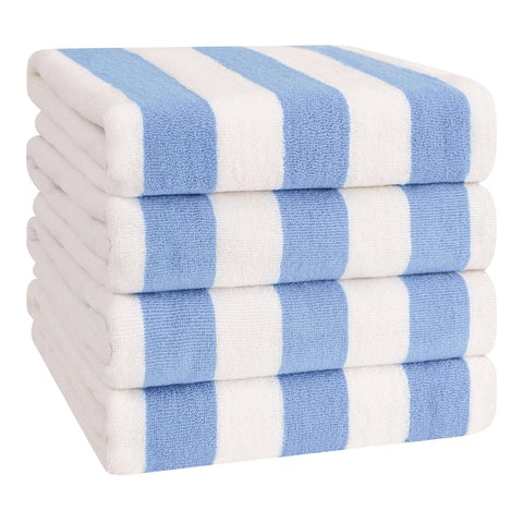 American Soft Linen cabana-striped towel in sky blue; soft and quick-drying.