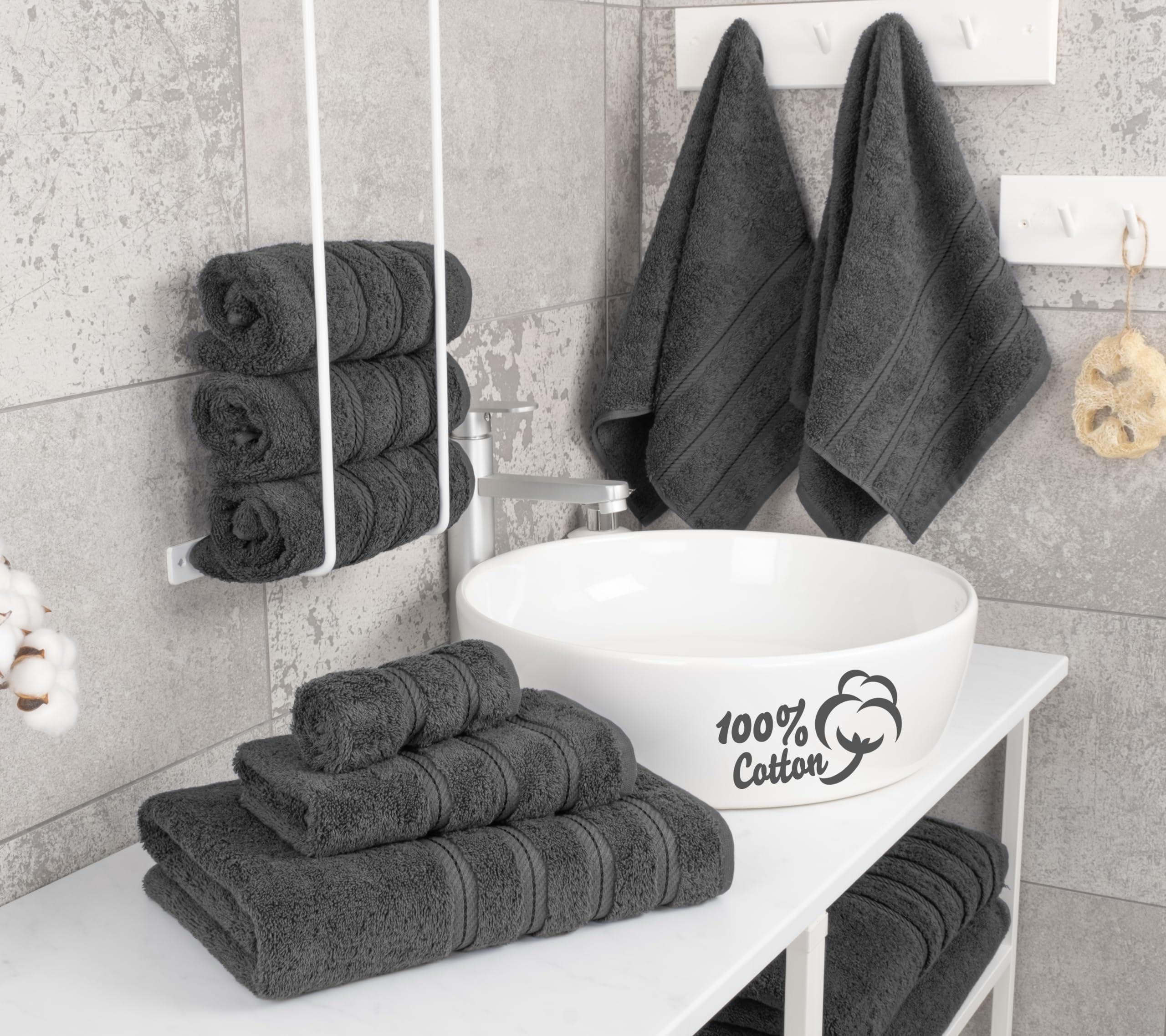 American Soft Linen dark gray towels close-up showing plush texture and absorbency.