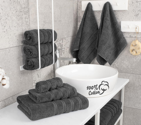 American Soft Linen dark gray towels close-up showing plush texture and absorbency.