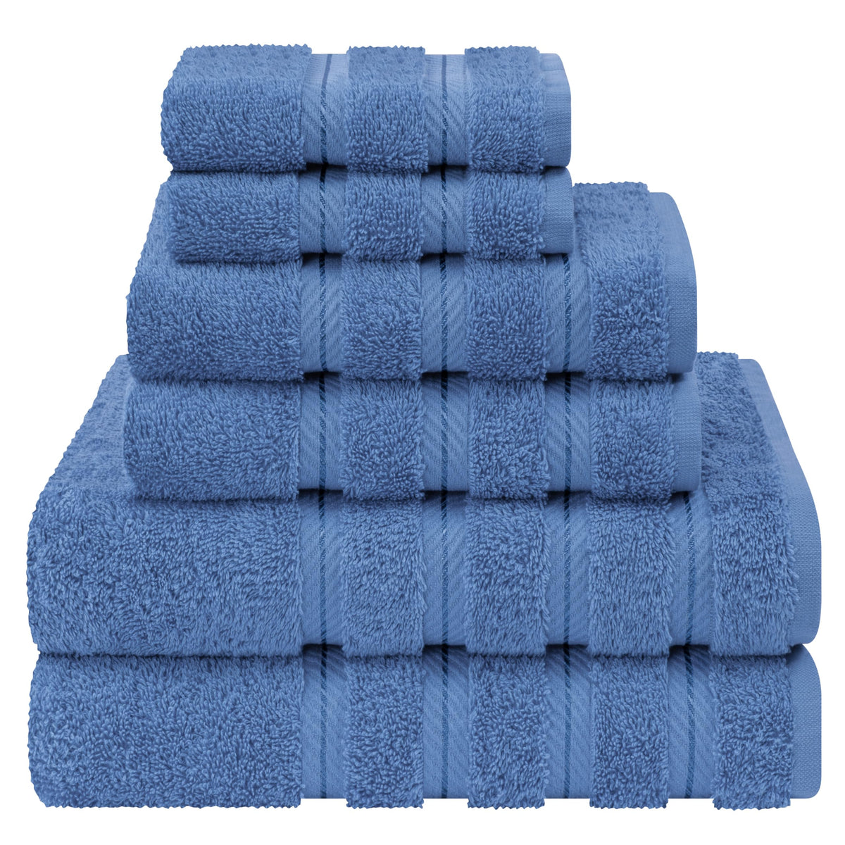 American Soft Linen electric blue bath towels folded in a stack showing plush absorbency.