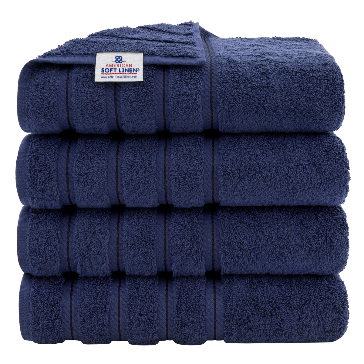 American Soft Linen luxury 4-piece bath towel set in navy for spa-like comfort after shower