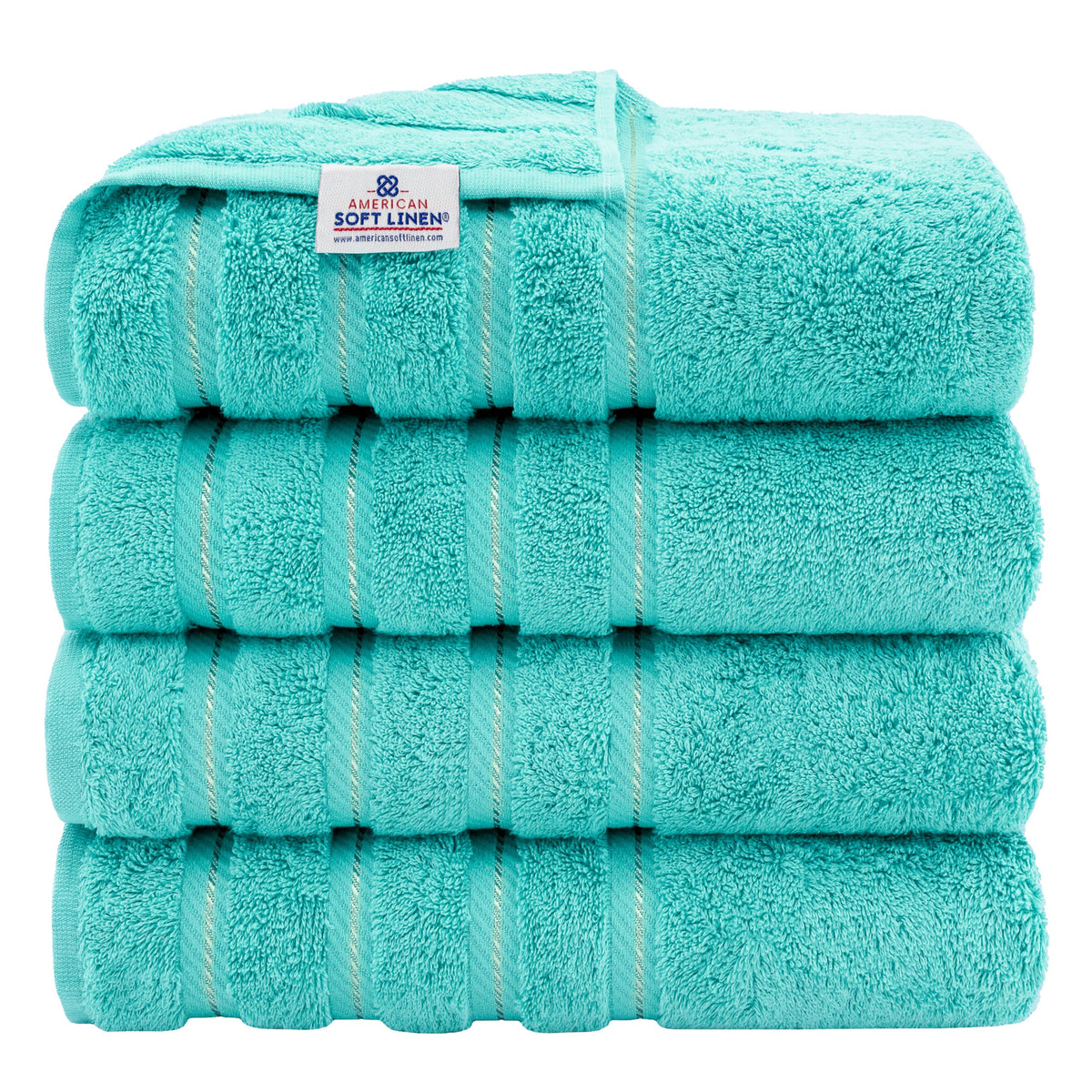 American Soft Linen luxury towels in turquoise four-piece set with plush, absorbent 600 GSM fabric.